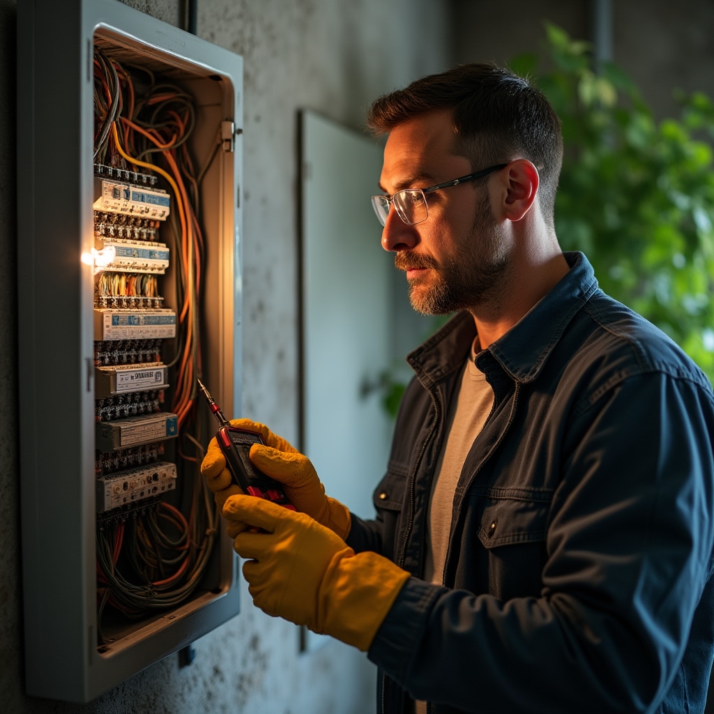 Inspector testing electrical panel and wiring systems