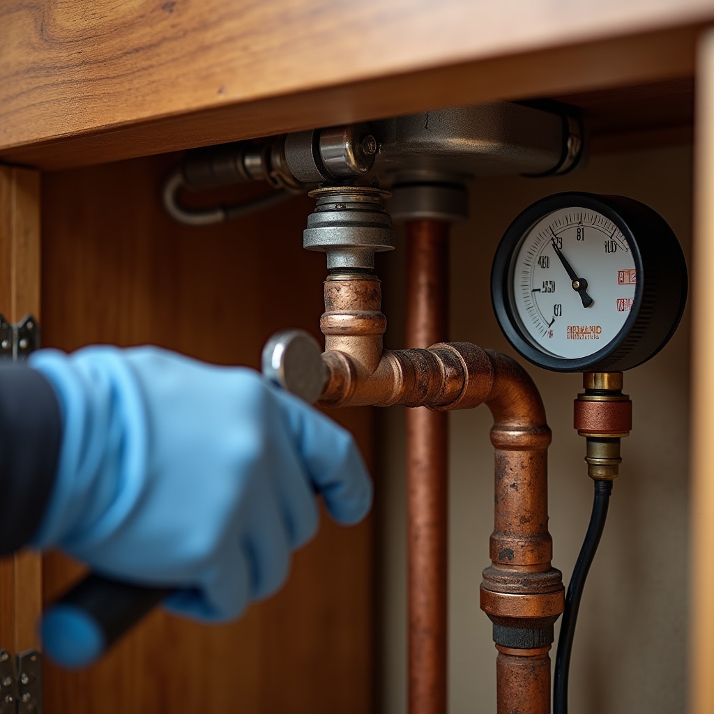 Plumbing pipes and fixtures being inspected