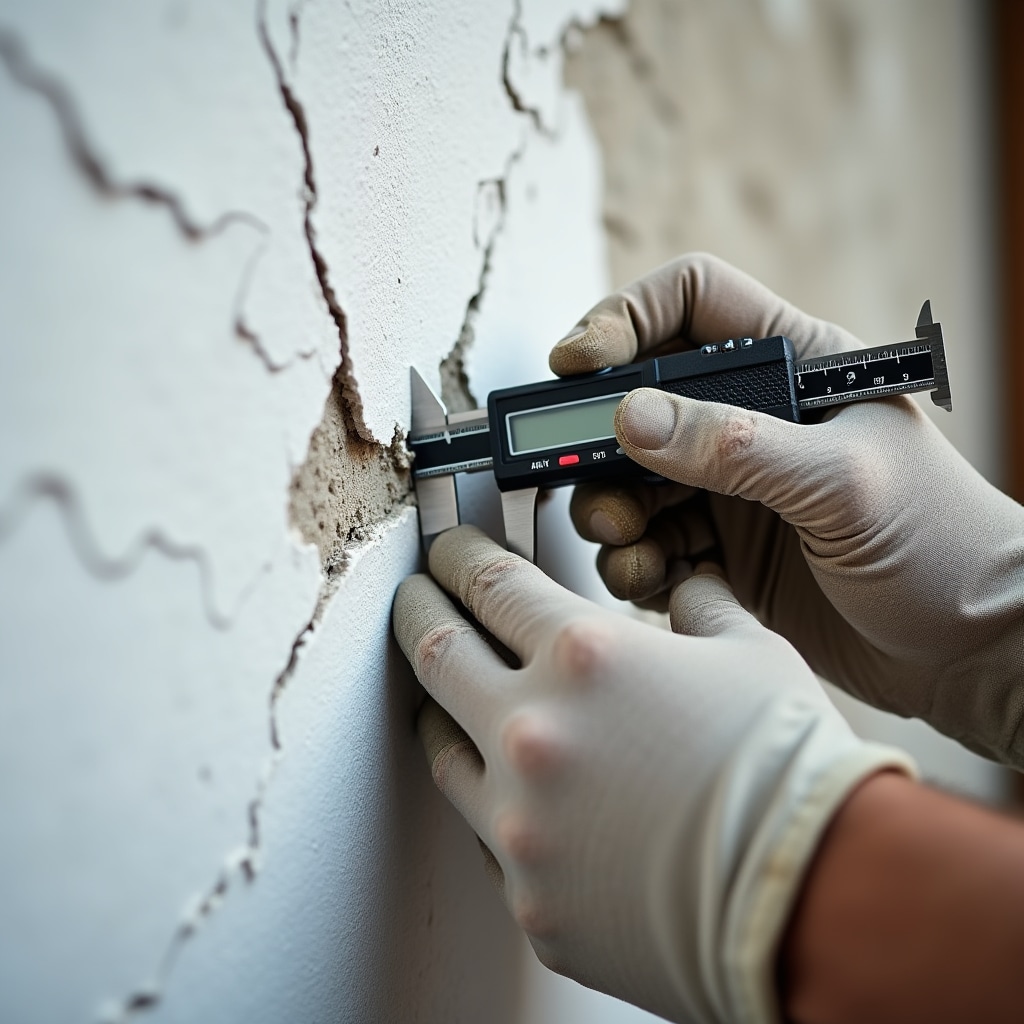Inspector examining wall cracks and structural integrity